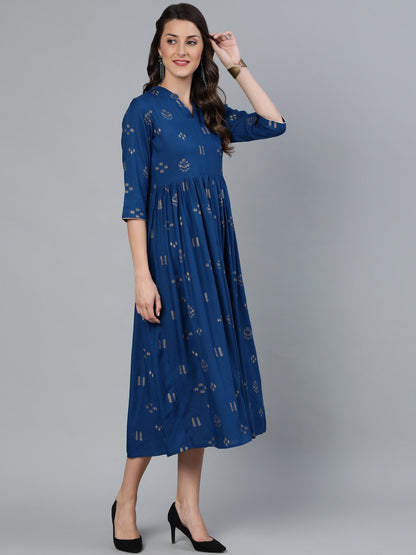 Women Teal Blue & Gold Printed Dress With Three Quarter Sleeves | LASVINI - Redefining Indian Fashion with Elegance