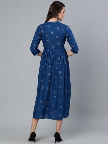 Women Teal Blue & Gold Printed Dress With Three Quarter Sleeves | LASVINI - Redefining Indian Fashion with Elegance