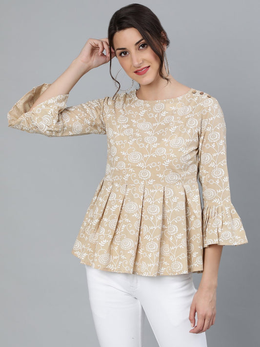 Womenbeige & Off-White Floral Printed Top With Round Neck & Three Quarter Sleeves | LASVINI - Redefining Indian Fashion with Elegance