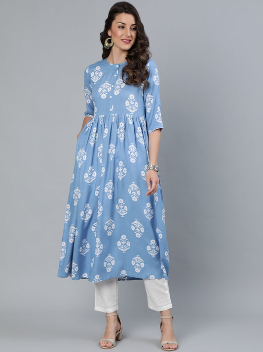 Women Blue Three Quarter Sleeves Straight Kurta With Trouser | LASVINI - Redefining Indian Fashion with Elegance