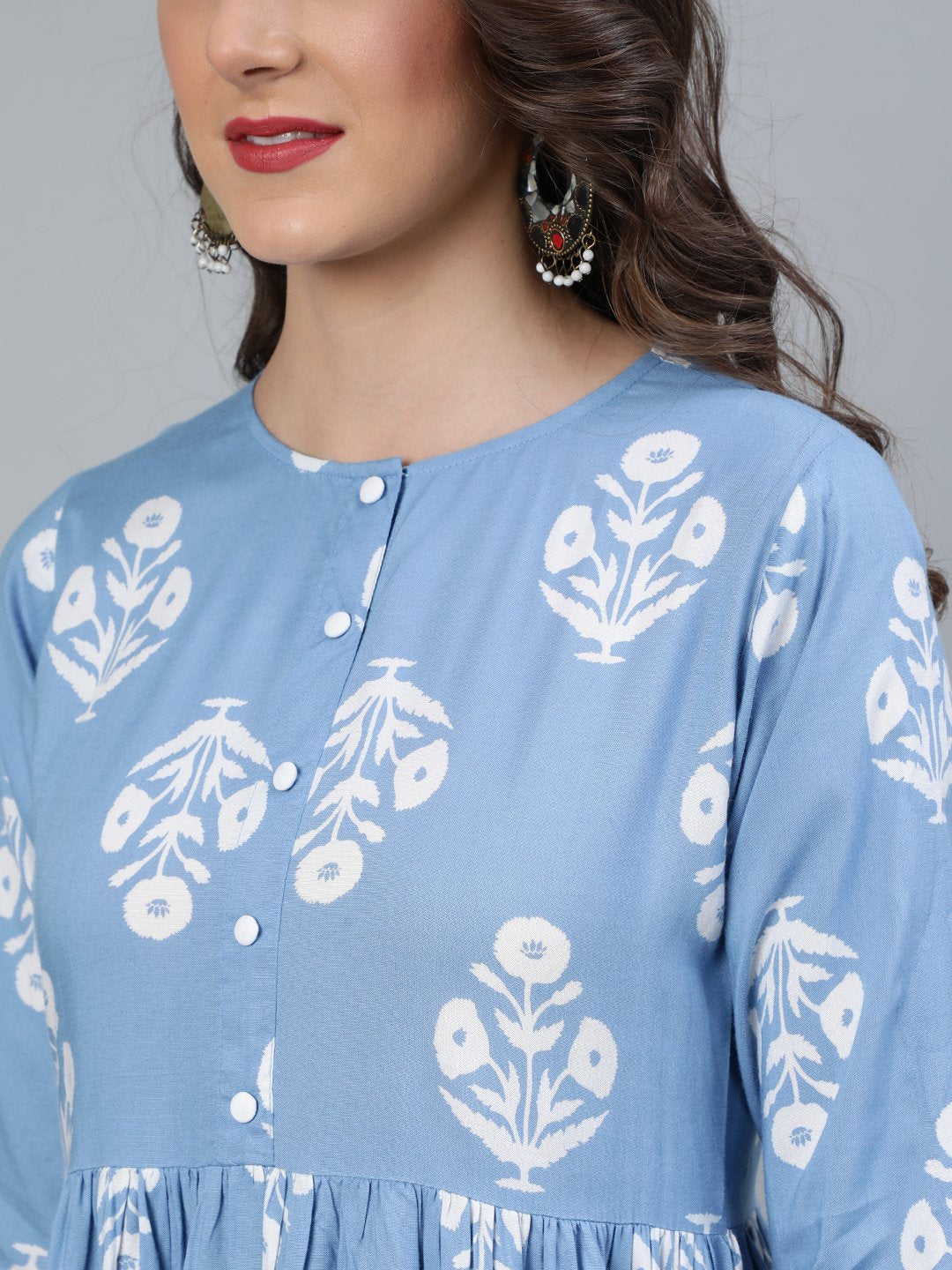 Women Blue Three Quarter Sleeves Straight Kurta With Trouser | LASVINI - Redefining Indian Fashion with Elegance