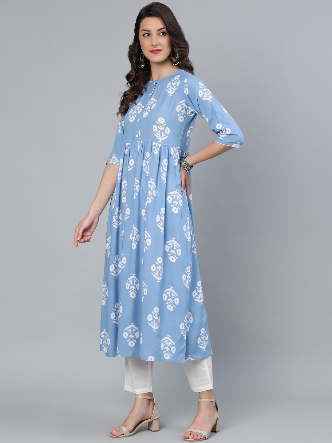 Women Blue Three Quarter Sleeves Straight Kurta With Trouser | LASVINI - Redefining Indian Fashion with Elegance
