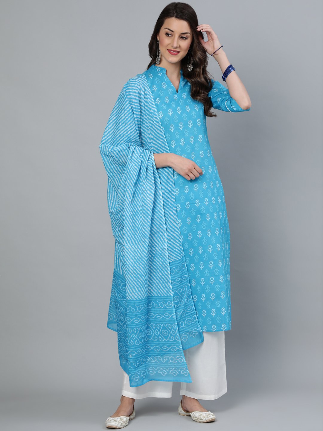 Women Sky Blue Straight Bandhani Printed Kurta With Plazzo & Dupatta | LASVINI - Redefining Indian Fashion with Elegance