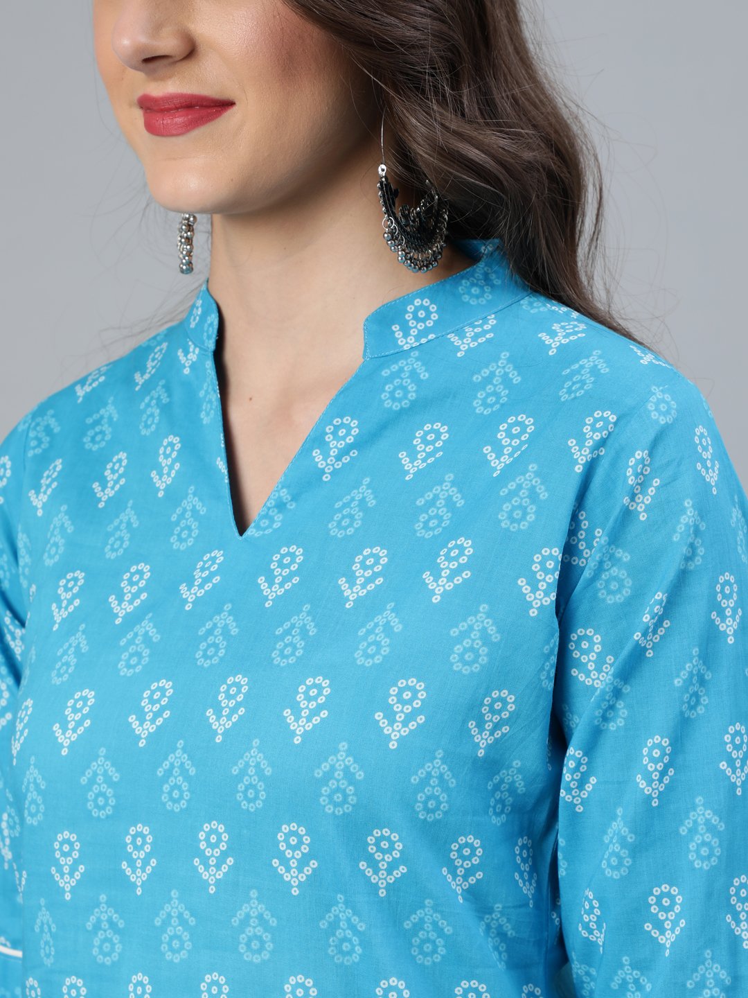 Women Sky Blue Straight Bandhani Printed Kurta With Plazzo & Dupatta | LASVINI - Redefining Indian Fashion with Elegance