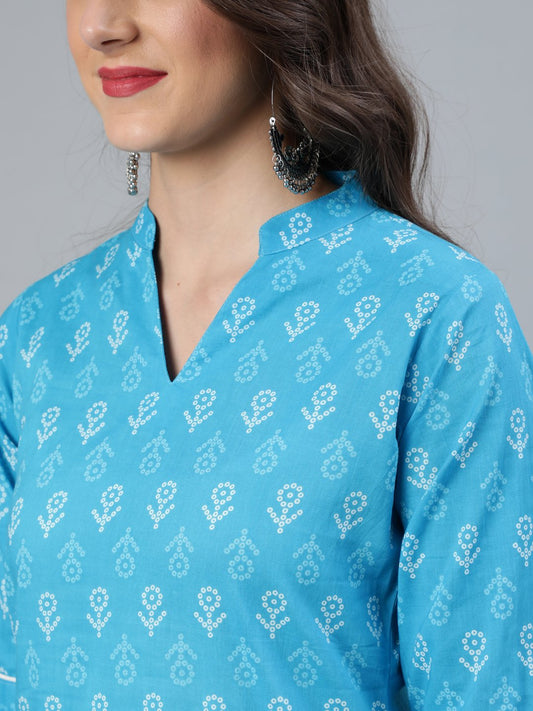 Women Sky Blue Straight Bandhani Printed Kurta With Plazzo & Dupatta | LASVINI - Redefining Indian Fashion with Elegance