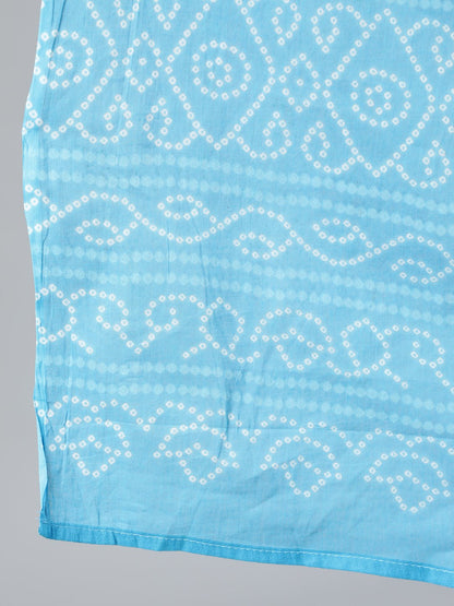 Women Sky Blue Straight Bandhani Printed Kurta With Plazzo & Dupatta | LASVINI - Redefining Indian Fashion with Elegance