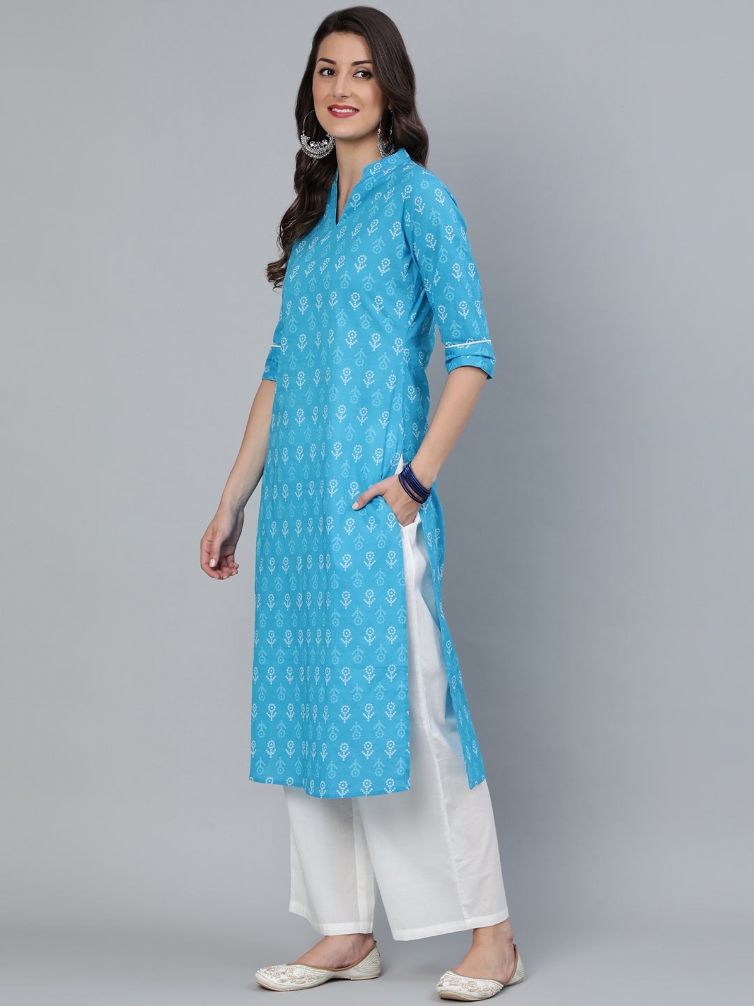 Women Sky Blue Straight Bandhani Printed Kurta With Plazzo & Dupatta | LASVINI - Redefining Indian Fashion with Elegance