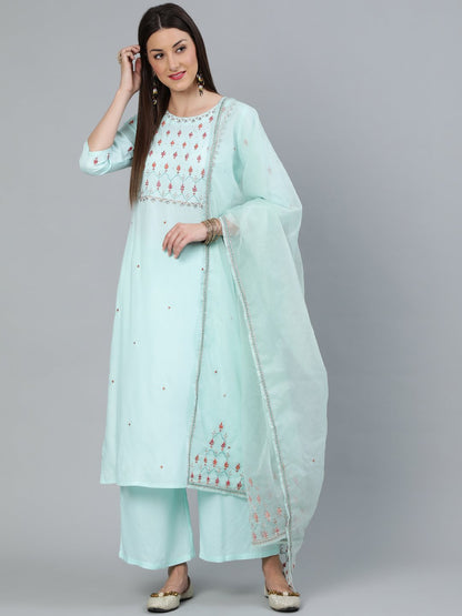 Women Sea Green Straight Embroidered Kurta With Plazzo & Dupatta | LASVINI - Redefining Indian Fashion with Elegance
