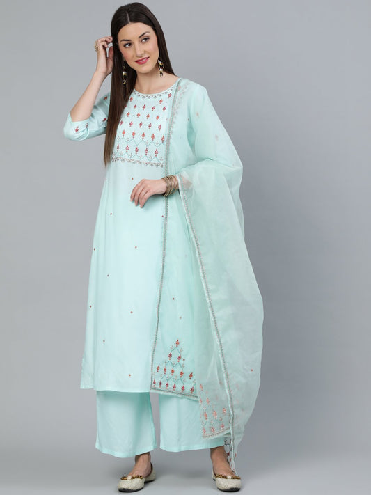 Women Sea Green Straight Embroidered Kurta With Plazzo & Dupatta | LASVINI - Redefining Indian Fashion with Elegance