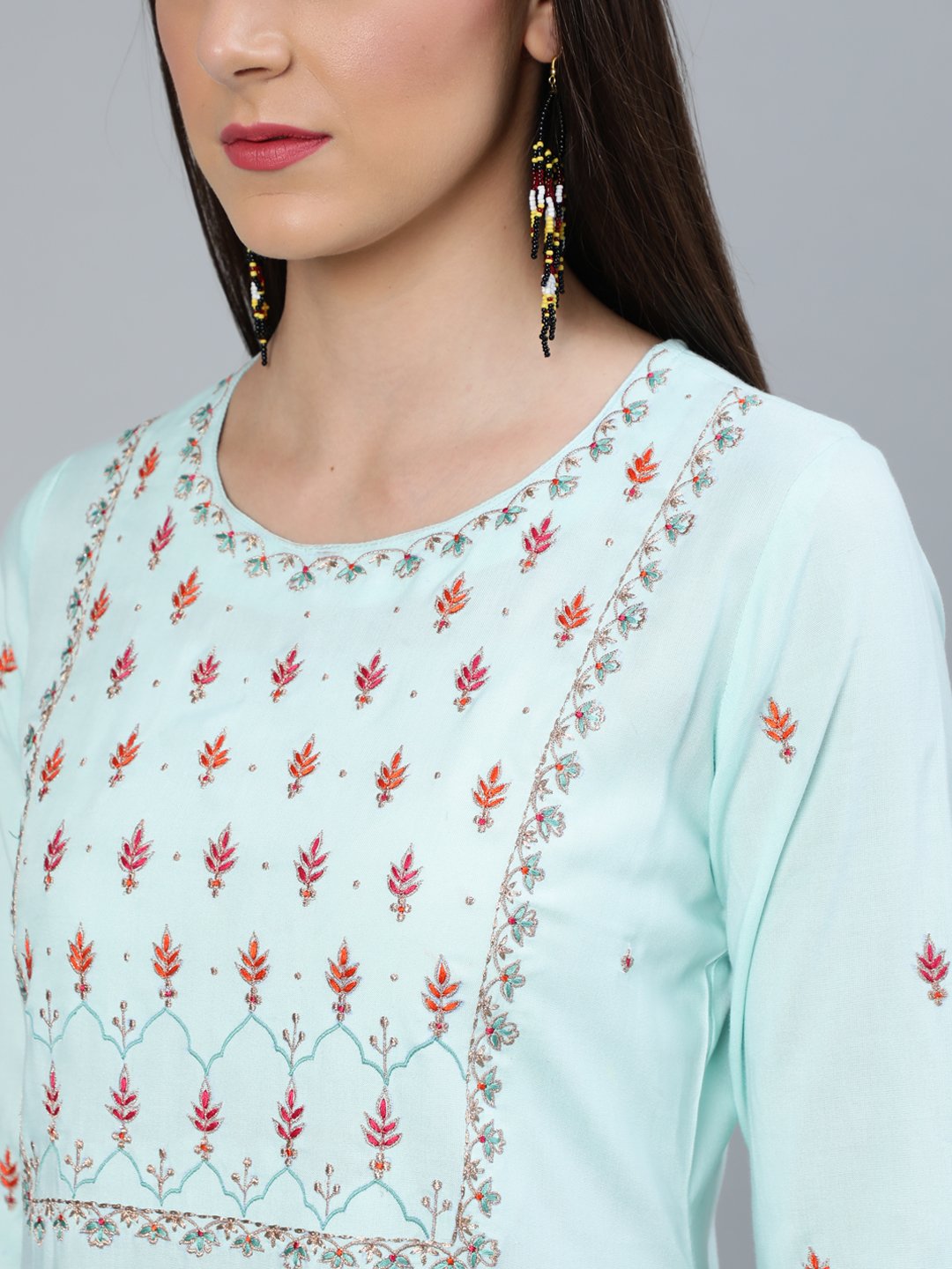 Women Sea Green Straight Embroidered Kurta With Plazzo & Dupatta | LASVINI - Redefining Indian Fashion with Elegance