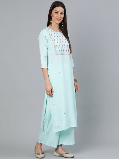 Women Sea Green Straight Embroidered Kurta With Plazzo & Dupatta | LASVINI - Redefining Indian Fashion with Elegance