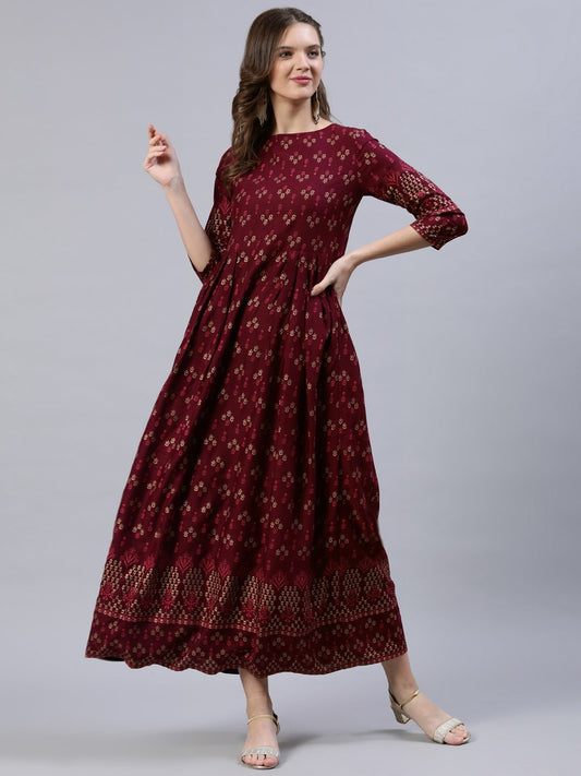 Women Burgundy Printed Dress With Three Quarter Sleeves | LASVINI - Redefining Indian Fashion with Elegance