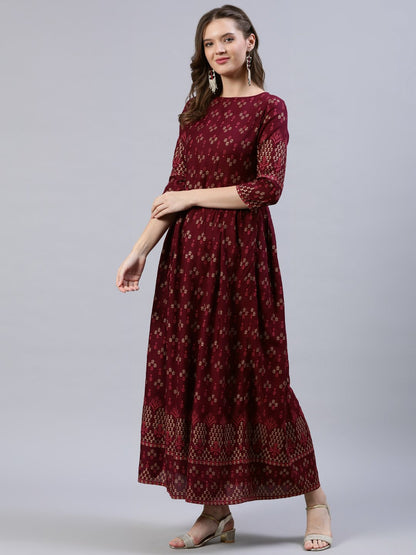 Women Burgundy Printed Dress With Three Quarter Sleeves | LASVINI - Redefining Indian Fashion with Elegance