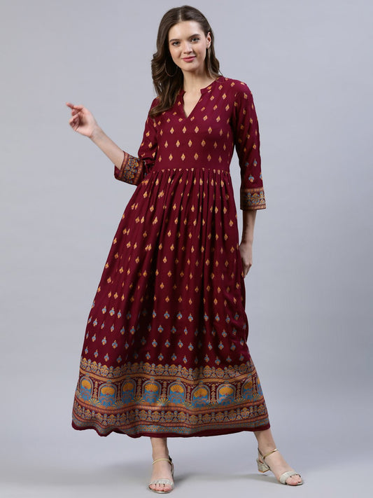 Women Burgundy Printed Dress With Three Quarter Sleeves | LASVINI - Redefining Indian Fashion with Elegance