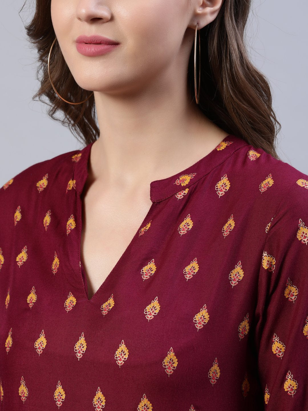 Women Burgundy Printed Dress With Three Quarter Sleeves | LASVINI - Redefining Indian Fashion with Elegance