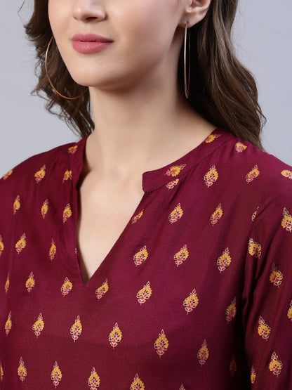 Women Burgundy Printed Dress With Three Quarter Sleeves | LASVINI - Redefining Indian Fashion with Elegance