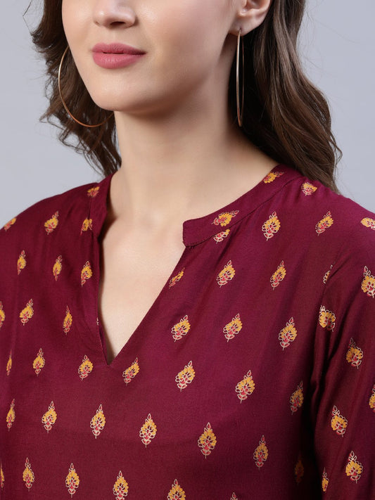 Women Burgundy Printed Dress With Three Quarter Sleeves | LASVINI - Redefining Indian Fashion with Elegance