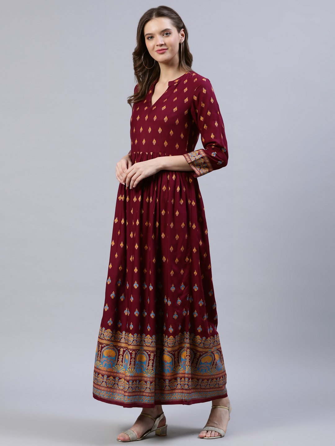 Women Burgundy Printed Dress With Three Quarter Sleeves | LASVINI - Redefining Indian Fashion with Elegance