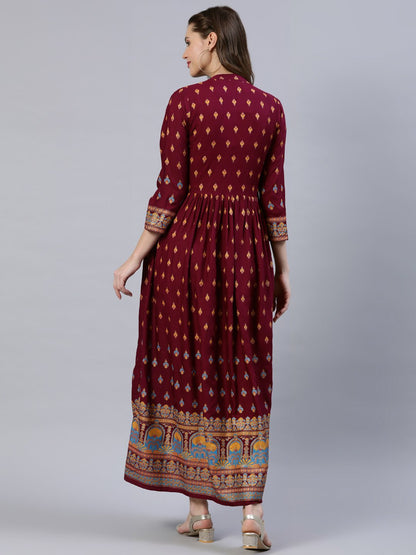 Women Burgundy Printed Dress With Three Quarter Sleeves | LASVINI - Redefining Indian Fashion with Elegance