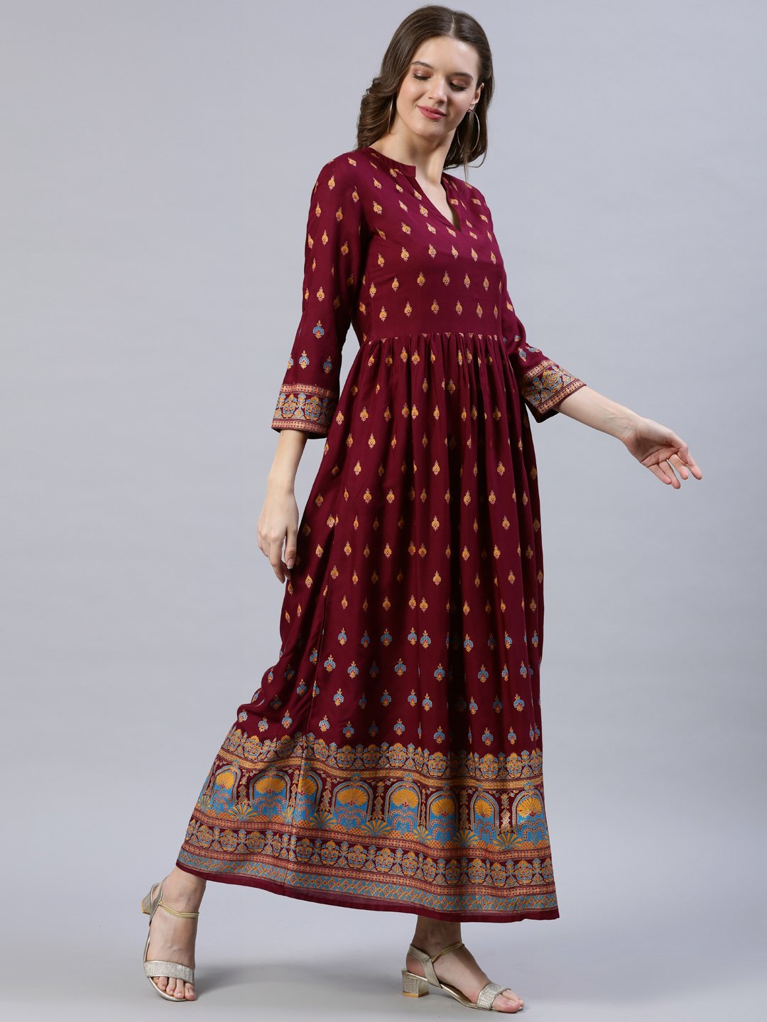 Women Burgundy Printed Dress With Three Quarter Sleeves | LASVINI - Redefining Indian Fashion with Elegance