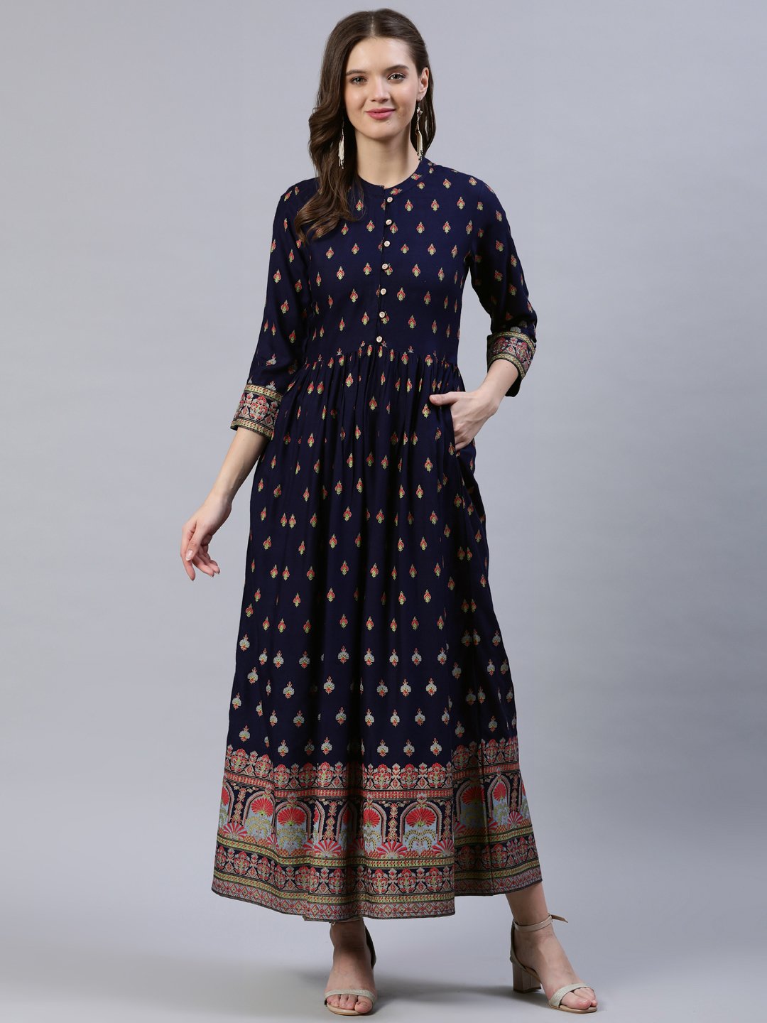 Women Navy Blue Printed Dress With Three Quarter Sleeves | LASVINI - Redefining Indian Fashion with Elegance