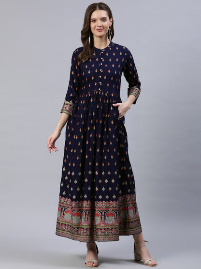 Women Navy Blue Printed Dress With Three Quarter Sleeves | LASVINI - Redefining Indian Fashion with Elegance