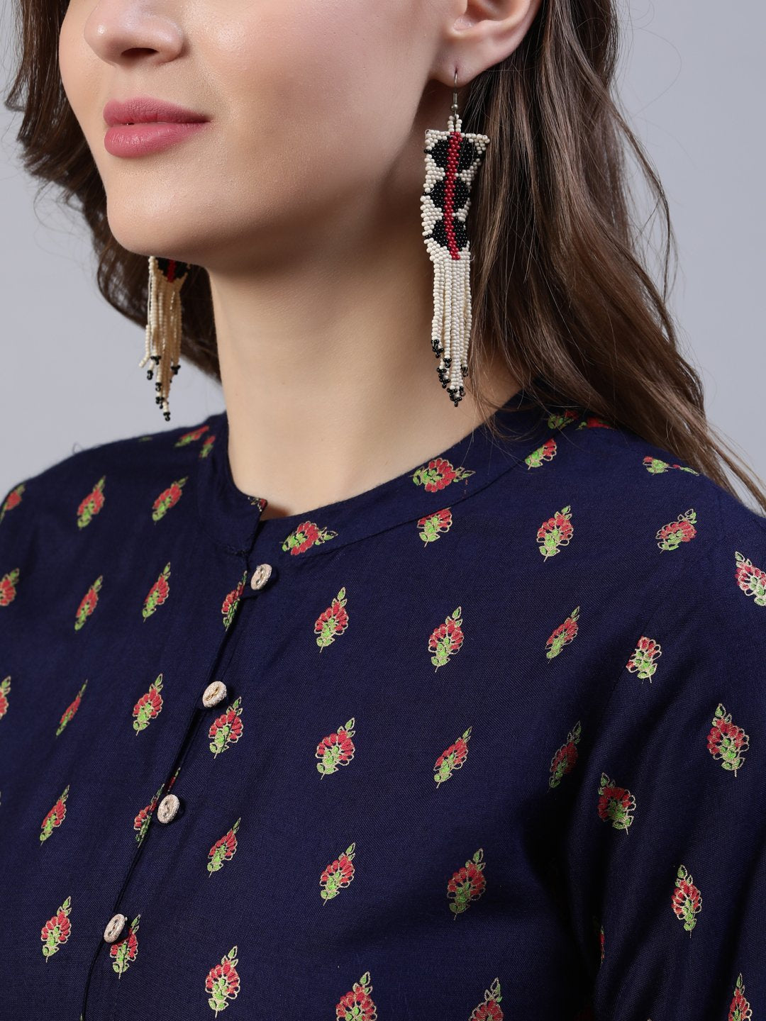 Women Navy Blue Printed Dress With Three Quarter Sleeves | LASVINI - Redefining Indian Fashion with Elegance