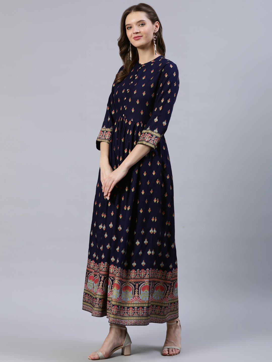 Women Navy Blue Printed Dress With Three Quarter Sleeves | LASVINI - Redefining Indian Fashion with Elegance