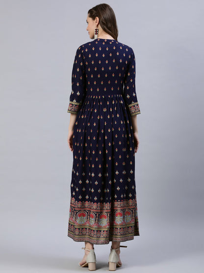 Women Navy Blue Printed Dress With Three Quarter Sleeves | LASVINI - Redefining Indian Fashion with Elegance