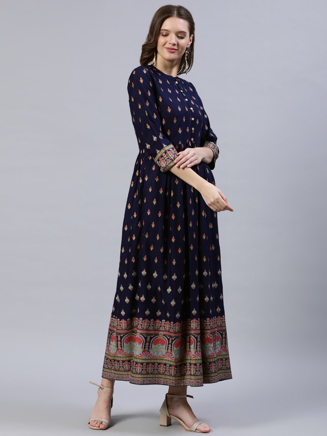 Women Navy Blue Printed Dress With Three Quarter Sleeves | LASVINI - Redefining Indian Fashion with Elegance