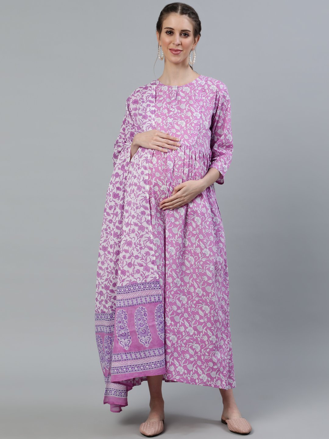 Women Purple Printed Maternity Dress With Three Quarter Sleeves & Dupatta | LASVINI - Redefining Indian Fashion with Elegance