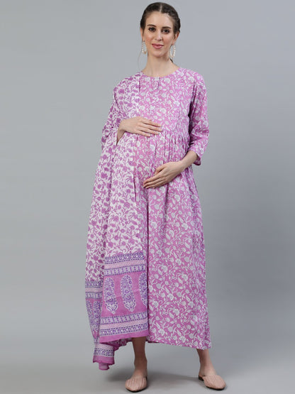 Women Purple Printed Maternity Dress With Three Quarter Sleeves & Dupatta | LASVINI - Redefining Indian Fashion with Elegance