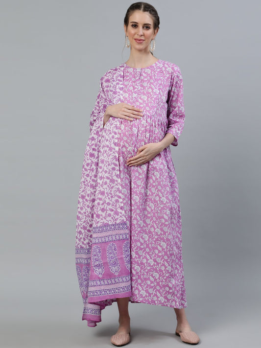 Women Purple Printed Maternity Dress With Three Quarter Sleeves & Dupatta | LASVINI - Redefining Indian Fashion with Elegance