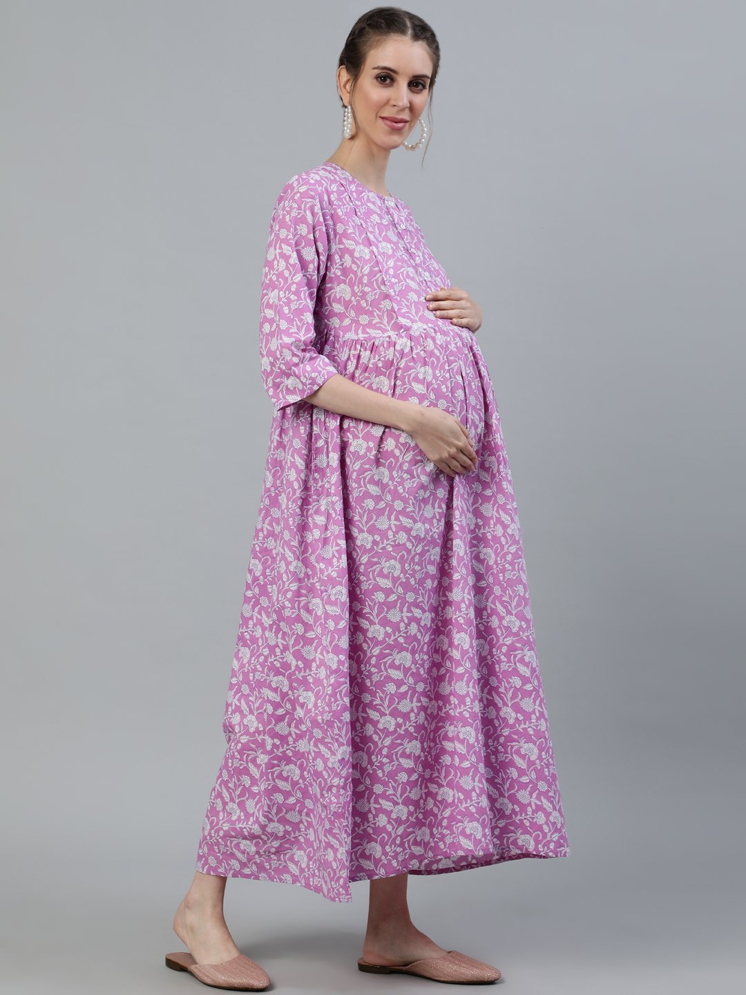 Women Purple Printed Maternity Dress With Three Quarter Sleeves & Dupatta | LASVINI - Redefining Indian Fashion with Elegance