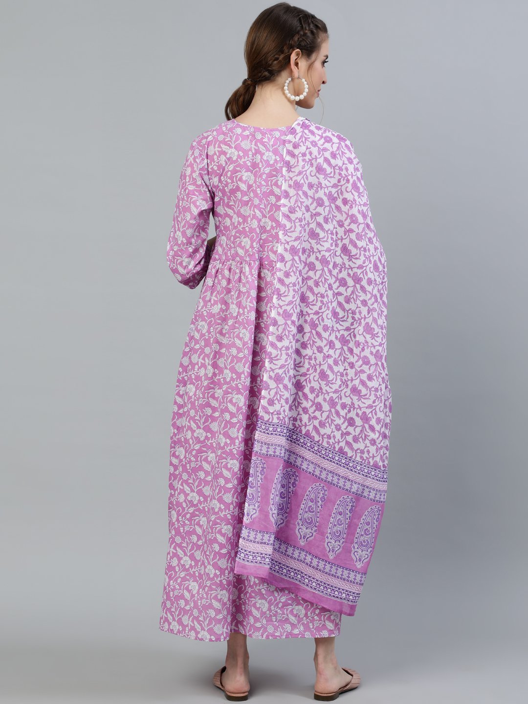 Women Purple Printed Maternity Dress With Three Quarter Sleeves & Dupatta | LASVINI - Redefining Indian Fashion with Elegance