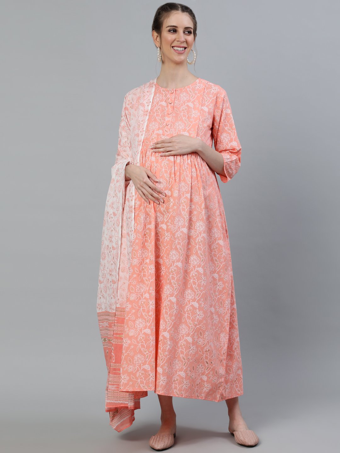 Women Peach & Gold Printed Maternity Dress With Three Quarter Sleeves & Dupatta | LASVINI - Redefining Indian Fashion with Elegance