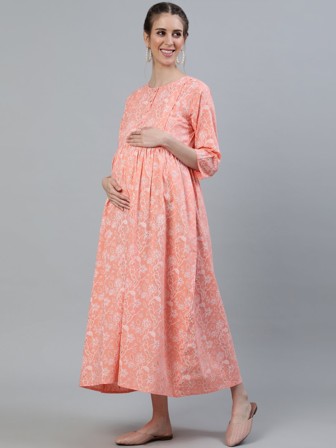 Women Peach & Gold Printed Maternity Dress With Three Quarter Sleeves & Dupatta | LASVINI - Redefining Indian Fashion with Elegance