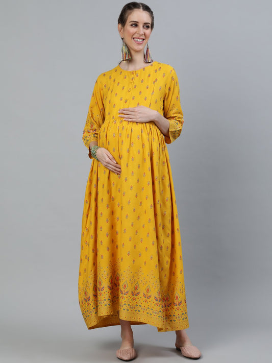 Women Yellow & Gold Printed Maternity Dress With Three Quarter Sleeves | LASVINI - Redefining Indian Fashion with Elegance