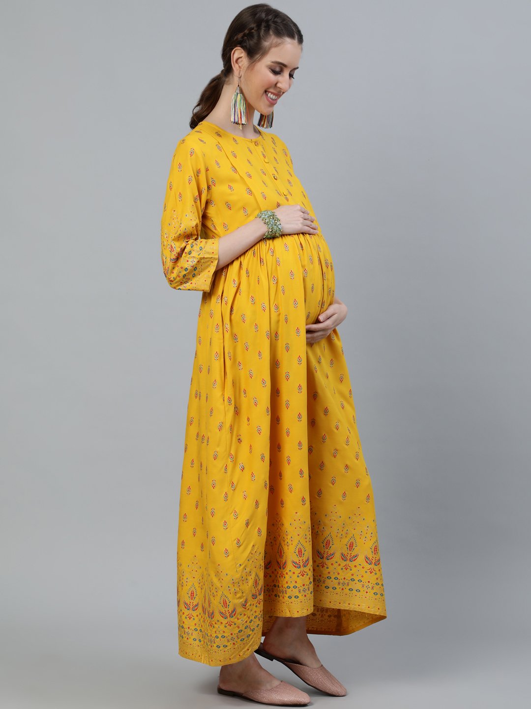 Women Yellow & Gold Printed Maternity Dress With Three Quarter Sleeves | LASVINI - Redefining Indian Fashion with Elegance