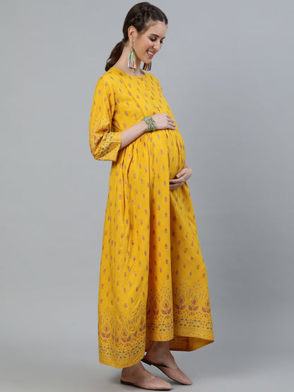 Women Yellow & Gold Printed Maternity Dress With Three Quarter Sleeves | LASVINI - Redefining Indian Fashion with Elegance