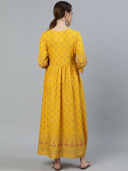 Women Yellow & Gold Printed Maternity Dress With Three Quarter Sleeves | LASVINI - Redefining Indian Fashion with Elegance