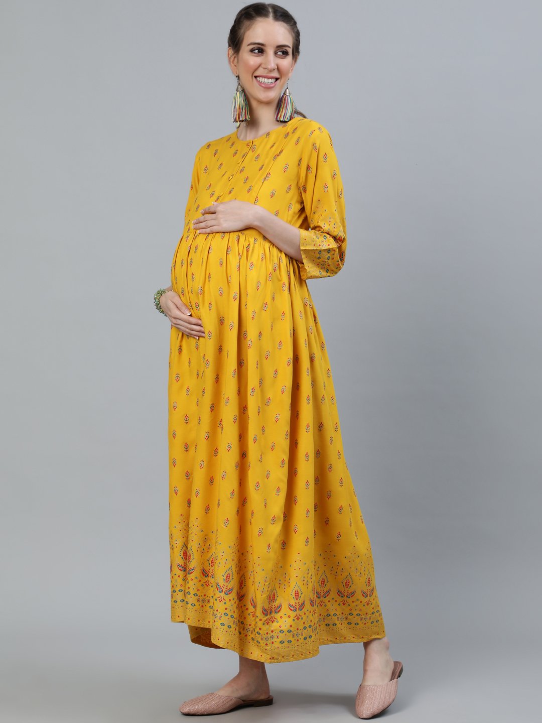 Women Yellow & Gold Printed Maternity Dress With Three Quarter Sleeves | LASVINI - Redefining Indian Fashion with Elegance