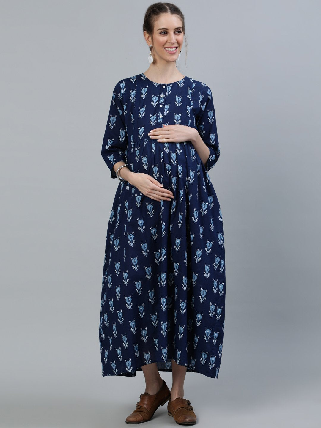 Women Blue Indigo Printed Maternity Dress With Three Quarter Sleeves | LASVINI - Redefining Indian Fashion with Elegance