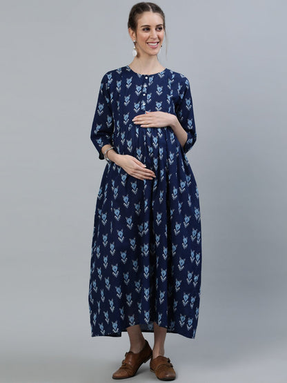 Women Blue Indigo Printed Maternity Dress With Three Quarter Sleeves | LASVINI - Redefining Indian Fashion with Elegance