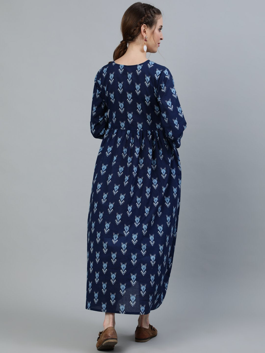 Women Blue Indigo Printed Maternity Dress With Three Quarter Sleeves | LASVINI - Redefining Indian Fashion with Elegance