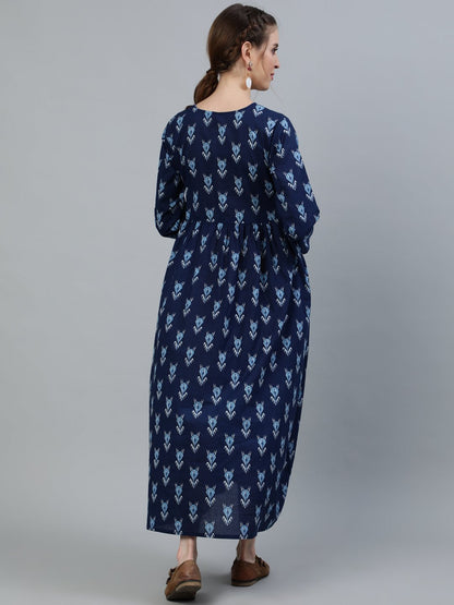 Women Blue Indigo Printed Maternity Dress With Three Quarter Sleeves | LASVINI - Redefining Indian Fashion with Elegance