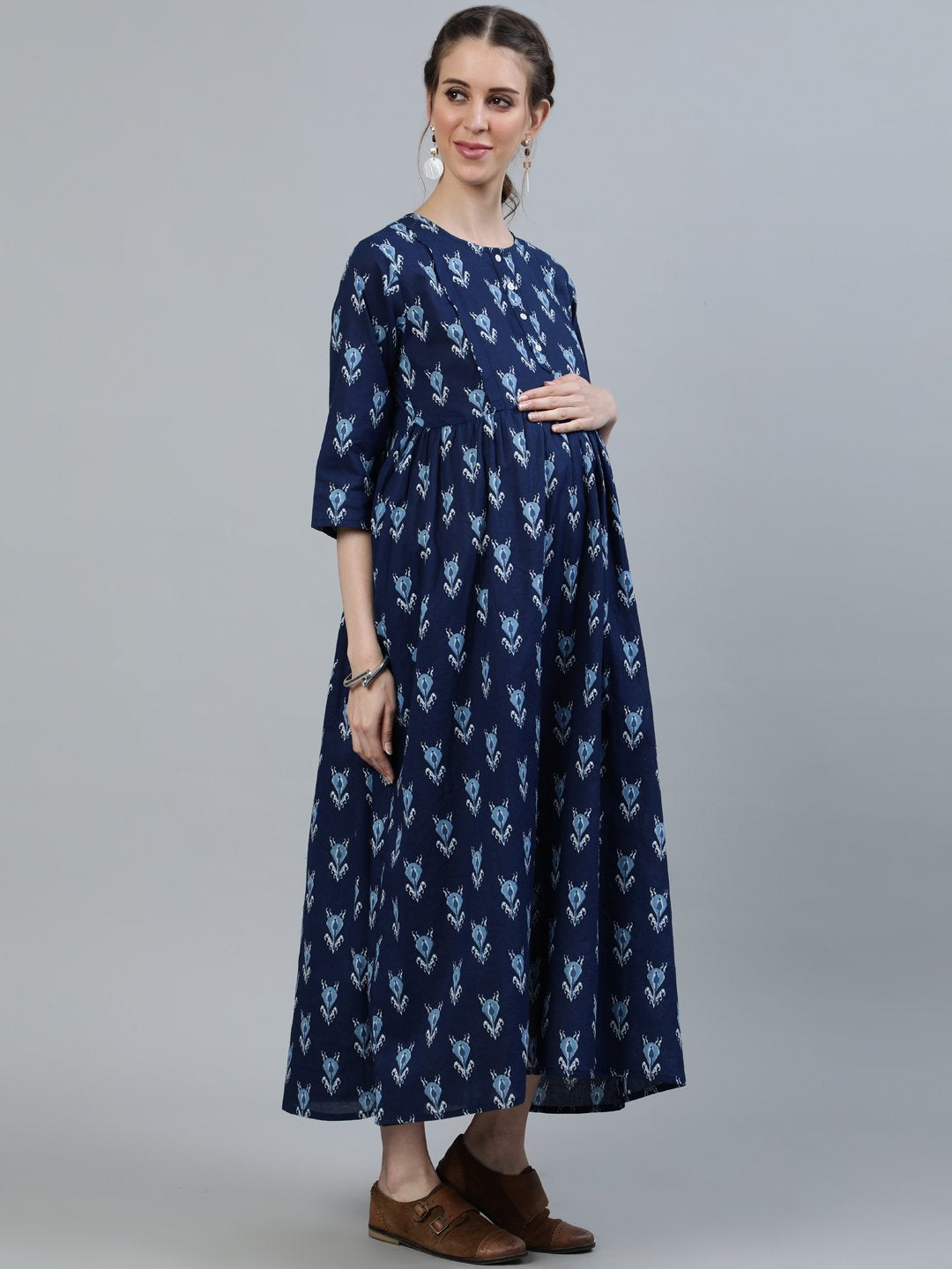 Women Blue Indigo Printed Maternity Dress With Three Quarter Sleeves | LASVINI - Redefining Indian Fashion with Elegance