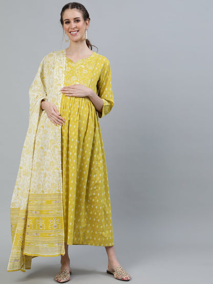 Women Lime Green & Gold Indigo Printed Maternity Dress With Three Quarter Sleeves & Dupatta | LASVINI - Redefining Indian Fashion with Elegance