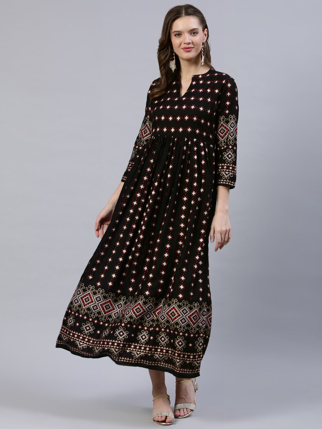 Women Black Printed Dress With Three Quarter Sleeves | LASVINI - Redefining Indian Fashion with Elegance