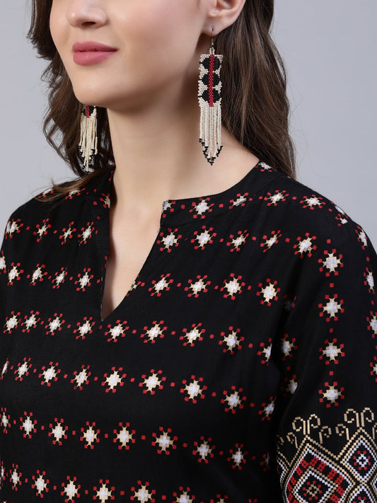 Women Black Printed Dress With Three Quarter Sleeves | LASVINI - Redefining Indian Fashion with Elegance